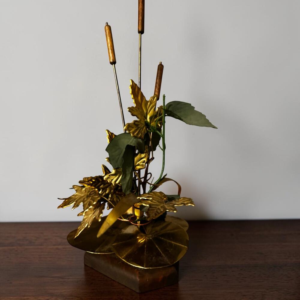 Vintage Mid-Century Brass Cattails & Lily Pad Sculpture Wood Base MCM Tabletop